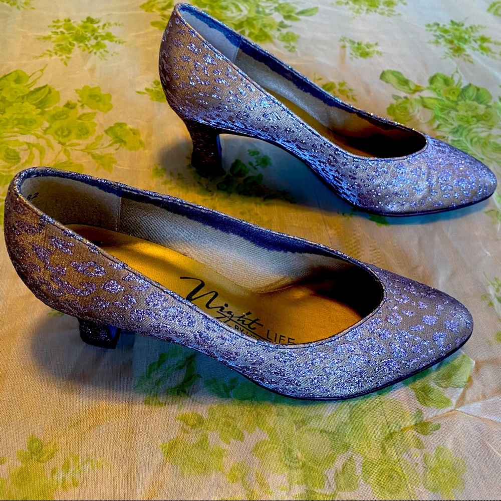 VINTAGE Purple Cheetah Glitter Heels Size 5.5
